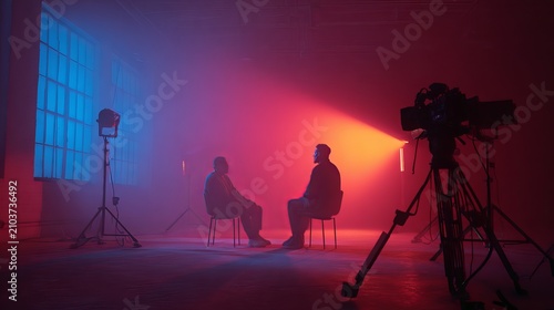 Neon illuminated podcast studio interior with professional recording setup, modern atmosphere, vibrant lighting, contemporary media workspace