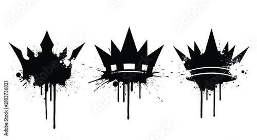 Foto Three Black Crown Graffiti Art Pieces with Dripping Ink Effect.
