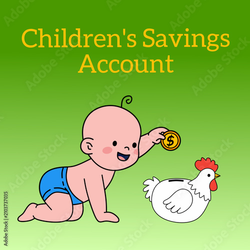 Children's Savings Account Illustration with Baby and Chicken Bank