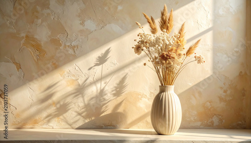 Dried floral arrangement in ribbed vase illuminated by warm sunlight