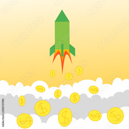 Rocket Launch with Gold Dollar Coins Representing Financial Success