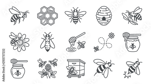 Foto Beekeeping and honey production line icon set.