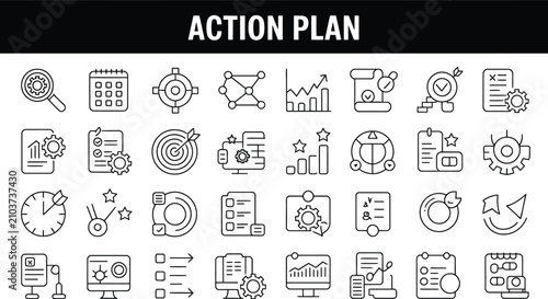 Action plan icons demonstrate strategic goal setting and business productivity in a neat layout.