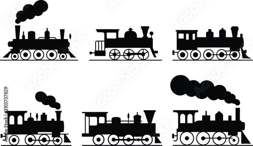 Tableau sur toile Train silhouettes represent the history of rail transport through steam engine design