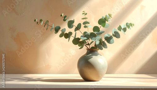 Eucalyptus plant in a vase with soft light and shadow play