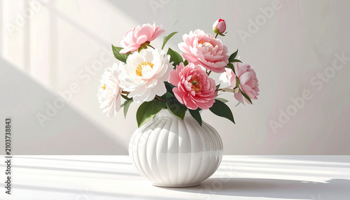 Soft pink and white flower arrangement in a ribbed white vase