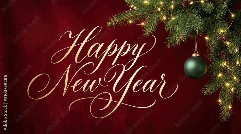 Fototapeta premium Elegant Happy New Year greeting with festive fir branches and lights