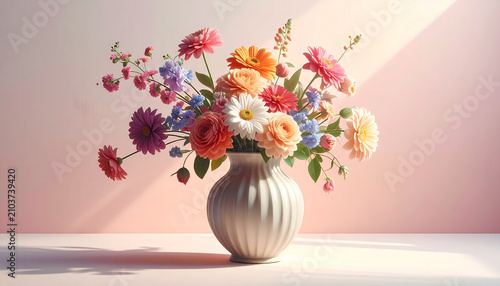 Vibrant flower arrangement in decorative vase with soft sunlight and shadow play