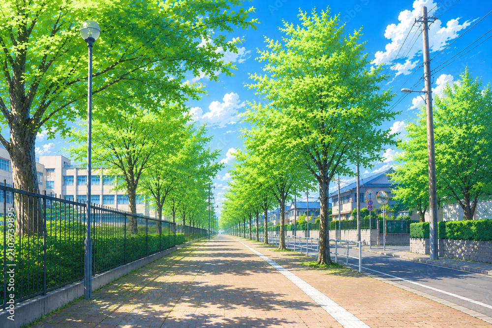 Obraz premium 新緑が美しい学校沿いの並木道と青空の夏風景 アニメ風イラスト