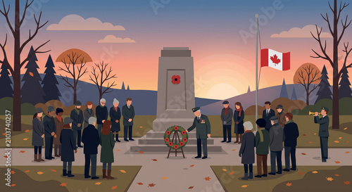 West Illustration of citizens gathering to pay respects at a Remembrance Day monument with a Canadian flag at half-mast during twilight
