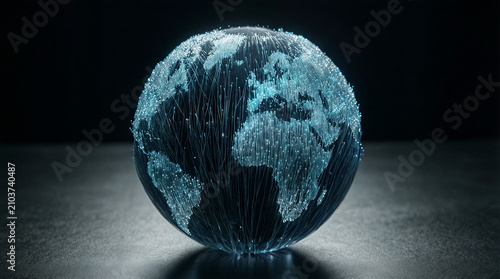 Digital globe glowing with blue fiber optic light strands sits on a dark reflective surface representing modern global communication technology