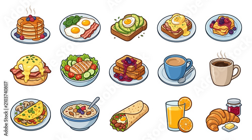Foto Illustrated breakfast dishes with eggs benedict and burritos.