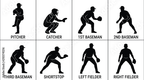 Принти на полотні Baseball fielding position silhouette icon set featuring black vector shapes of