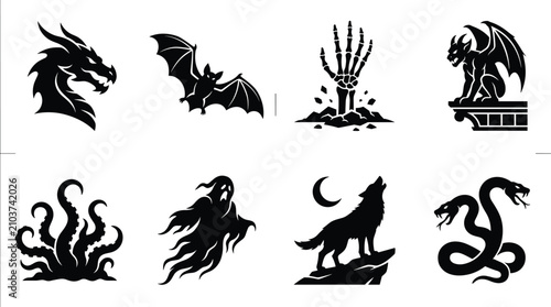Tableau sur toile Halloween and mythical creatures silhouette vector icons set featuring dragon ba