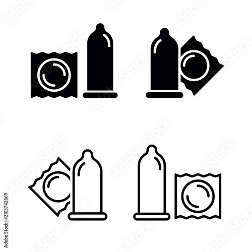 Set of condom icons with wrapper packaging. Medical contraception safety symbols for safe sex and health protection. Prevention of sexually transmitted infection and birth control concept vector.