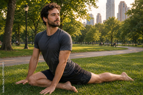 Man Practicing Deep Pigeon Pose In City Park