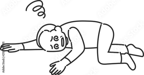 めまいで倒れる高齢男性のイラスト　線画のみ