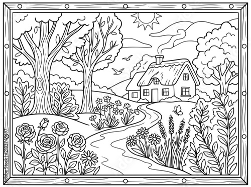 Countryside Cottage and Garden Landscape Coloring Page for Kids and Adults