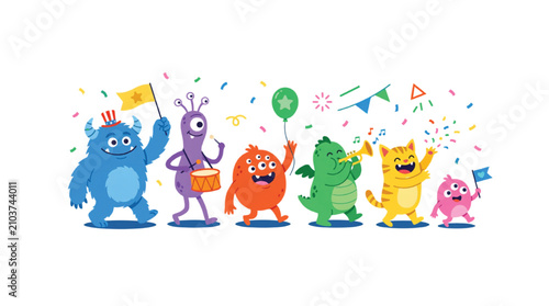 A group of colorful cartoon monsters and aliens celebrating a festive parade with musical instruments flags and confetti on a light blue background