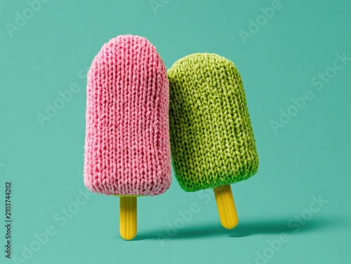 Two knitted popsicles, one pink, one green, on yellow sticks against turquoise