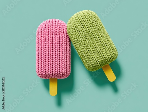 Two knitted popsicles, one pink, one green, on a teal background