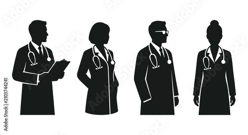 Schilderij op canvas Doctor Silhouettes With Stethoscopes Black On White Background