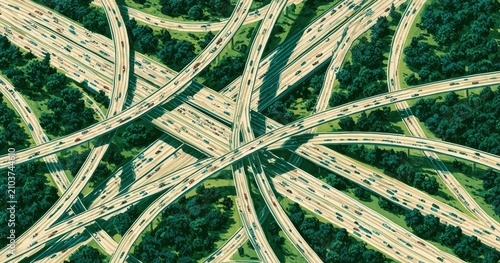 An intricate, aerial view of a massive, multi-layered highway interchange with flowing traffic
