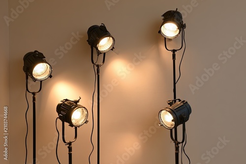 Five vintage spotlights illuminate a plain wall with warm, inviting light