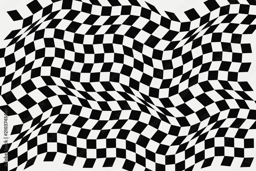 Obraz premium Distorted checkerboard pattern, warped chess grid background, trippy wavy geometric vector texture 