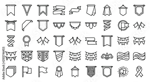 Minimalist flag and banner line icons, set of 50 outline pennant and ribbon vector symbols, black and white heraldic shield and bunting graphics