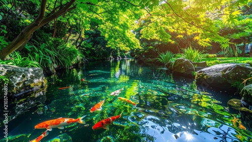 日本の伝統的な夏庭園の池で、緑豊かな青もみじと木漏れ日の下を優雅に泳ぐ美しい錦鯉の群れ。清涼感のある風景。