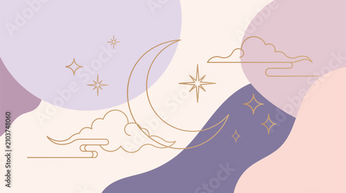 Quadro su tela Celestial dreamscape with crescent moon, stars, and clouds, dreamy aesthetic