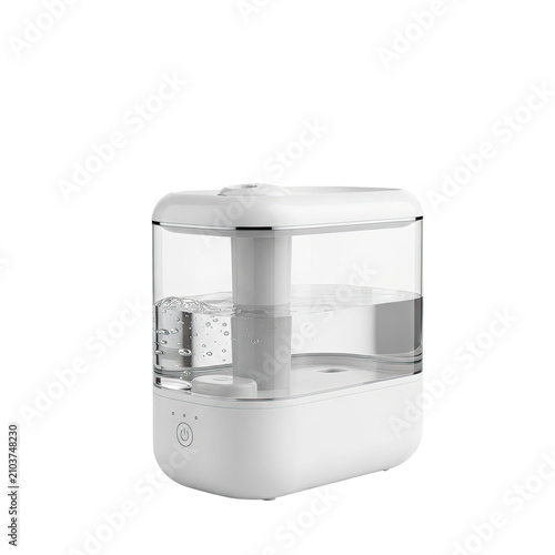 Modern white ultrasonic air humidifier isolated on white background.