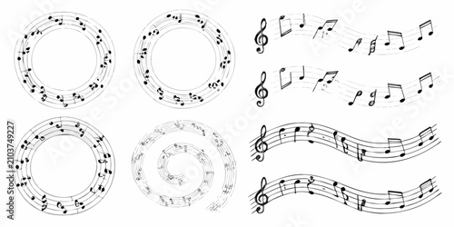 Foto musical notes on staffs in black and white line art music notation clef quavers