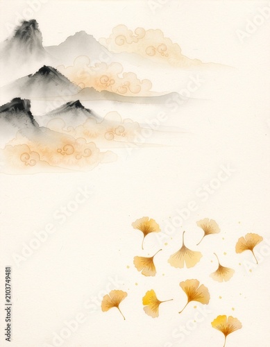 Traditional Chinese ink painting depicts dark mountains with golden clouds and scattered yellow ginkgo leaves on textured paper.