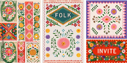 Canvastavla folk art designs with vibrant floral patterns and geometric shapes colors tradit