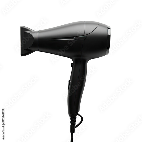Modern black hair dryer isolated on white background.