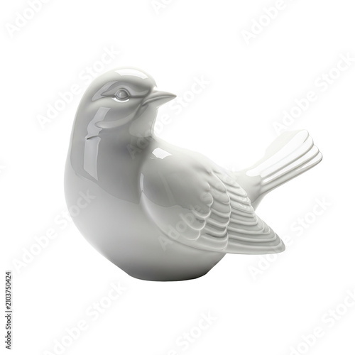 Minimalist white ceramic bird figurine isolated on white background.