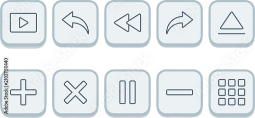 Φωτογραφία Minimalist media player interface button icon set including play pause rewind eject plus minus undo redo and grid menu keys for application UI design