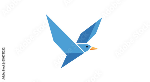 A minimalist blue bird graphic created with geometric paper folding shapes
