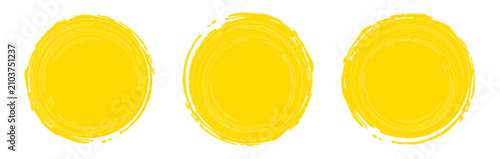 Three Yellow Paint Brush Stroke Circles Abstract Sun Icons On White Background