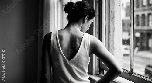 Woman with dark hair in bun stands indoors near a window looking outside