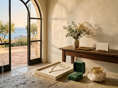 Jewelry display with a gold necklace and ring box on a wooden table in a sunny mediterranean room