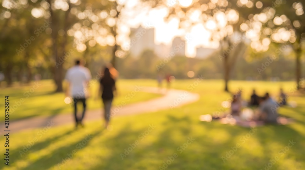 Obraz premium Couple walking along winding path in sunny city park with blurred background of trees and distant buildings during golden hour for romantic outdoor leisure and urban lifestyle concept