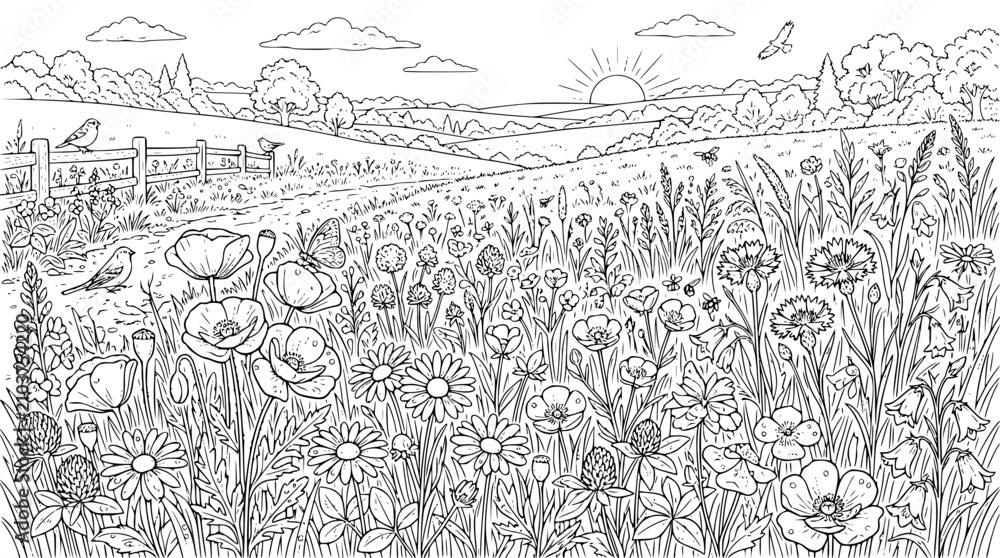 Obraz premium Detailed Wildflower Meadow Landscape Coloring Page with Sunrise and Birds