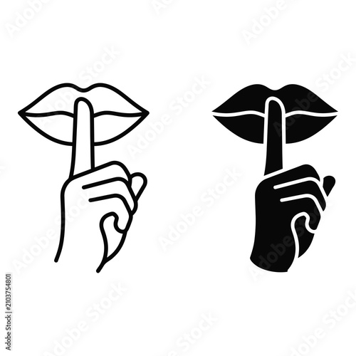 Obraz na płótnie Two black and white illustrations of hand finger on lips  silence gesture icons