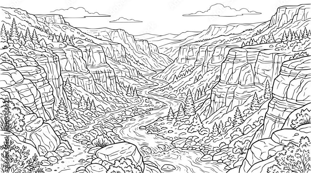 Obraz premium Mountain Canyon Landscape with Winding River Nature Coloring Page for Adults