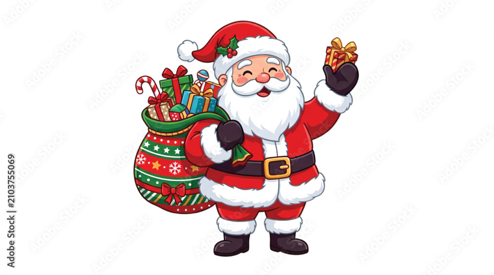 Fototapeta premium Cute cartoon Santa Claus carrying a sack full of Christmas gifts and holding a present, holiday vector illustration isolated on white background
