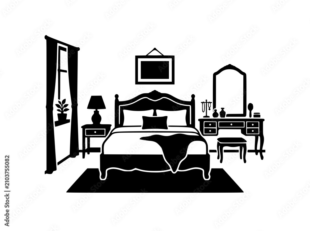 Fototapeta premium Bedroom interior furniture silhouette vector illustration