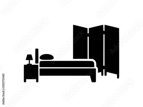 Bedroom furniture icon with bed nightstand lamp and folding room divider